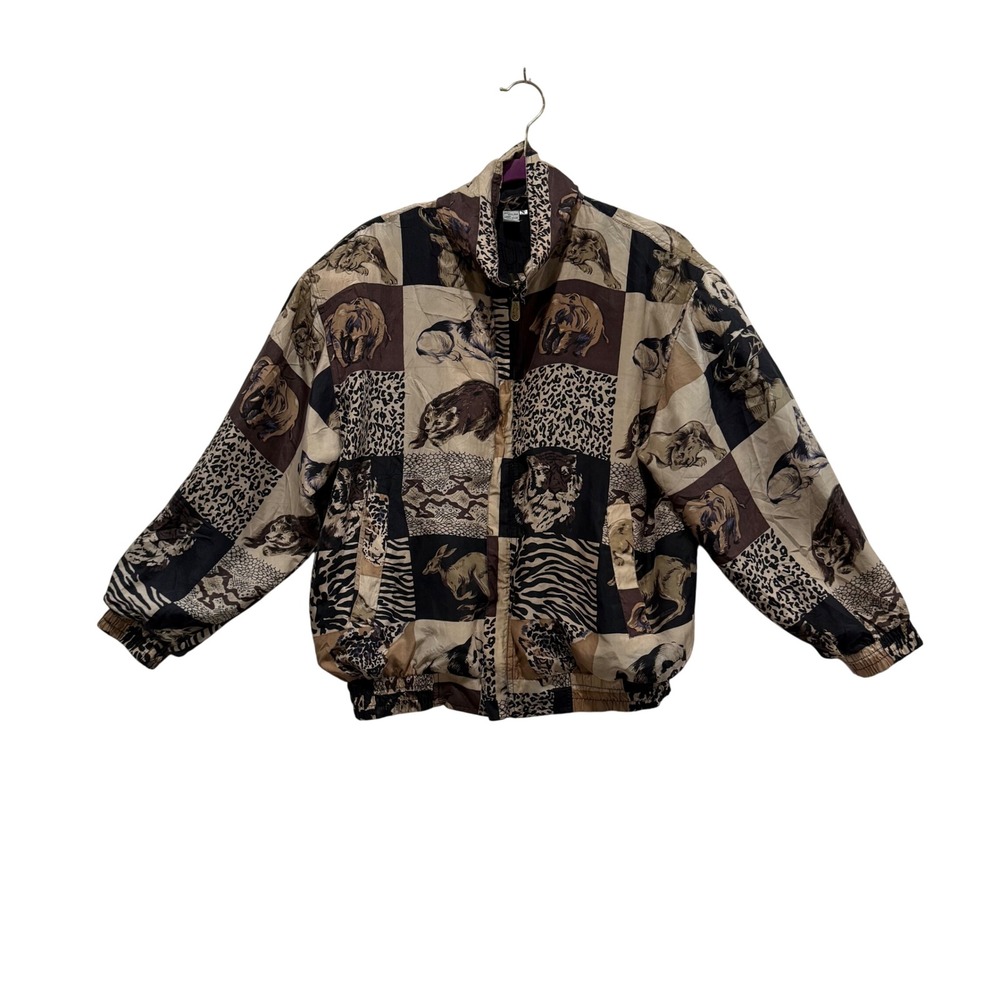 Vintage 90s Safari Animal Print Windbreaker Jacket Wildlife Novelty %100 Silk
